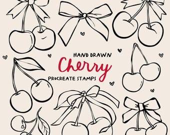 Pincéis de carimbo Procreate em formato de cereja desenhados à mão, arte em linha Coquette (download digital)