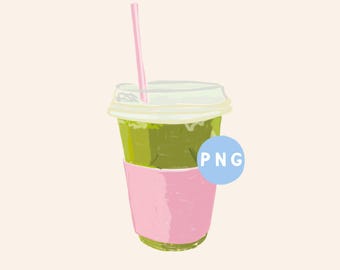 Sublimación de café Matcha PNG, clipart de café, linda pegatina de café helado Matcha, café divertido, coqueta, diseño femenino, PNG Matcha dibujado a mano