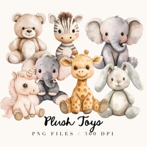 Knuffels Clip Art Set, vintage aquarel clipart, pluche dieren, kinderkamer png-graphics, baby shower party, neutrale png, baby clipart