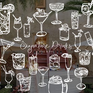 Op de afbeelding: Witte lijntekeningen van verschillende cocktails, waaronder martini's en highballs, tegen een bakstenen muur. De tekst "Signature Drinks" is in cursief geschreven. De afbeelding bevat ook de tekst "PNG & SVG".
