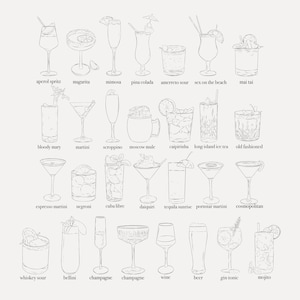 May include: Line drawing illustration of 18 different cocktails, including Aperol Spritz, Margarita, Mimosa, Pina Colada, Bloody Mary, Martini, Moscow Mule, Daiquiri, Tequila Sunrise, Whiskey Sour, Bellini, Champagne, Wine, Beer, Gin and Tonic, and Mojito.