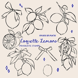 Pinceles para sellos de limones dibujados a mano para Procreate, arte lineal, dibujo lineal, Coquette Procreate, sello de limones, licencia comercial