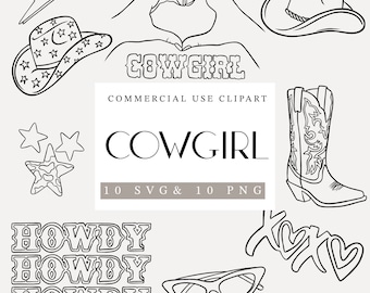 May include: A set of black and white line art illustrations with a cowgirl theme. The illustrations include a cowboy hat, a pair of hands making a heart shape, a pair of sunglasses, a cowboy boot, a star, and the word "Howdy" repeated three times.