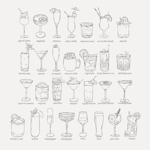 Pode incluir: Uma ilustra&ccedil;&atilde;o em preto e branco de 25 bebidas diferentes. As bebidas est&atilde;o dispostas em cinco filas de cinco. Cada bebida est&aacute; etiquetada com o seu nome.
