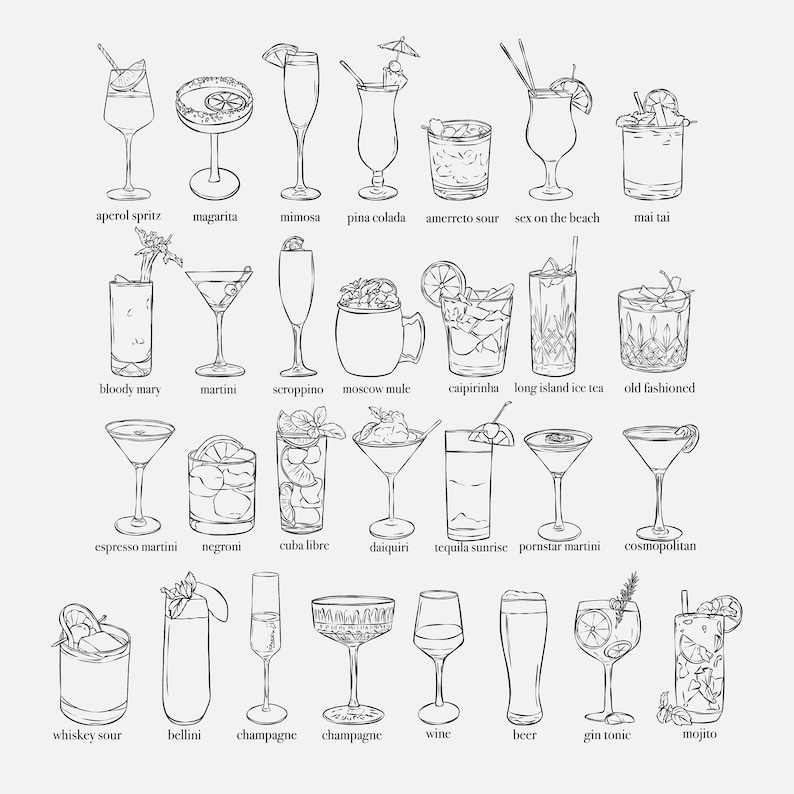 Pode incluir: Uma ilustra&ccedil;&atilde;o em preto e branco de 25 bebidas diferentes. As bebidas est&atilde;o dispostas em cinco filas de cinco. Cada bebida est&aacute; etiquetada com o seu nome.