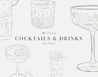 Cocktail Illustrations | Cocktails PNG | Signature Drink Sign | Wedding Drink Images | Line Art Clipart | Commercial License | Line Drinks