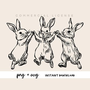 May include: Black and white line drawing of three bunnies holding hands and dancing. The bunnies are drawn in a whimsical style.