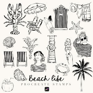 Strandleven voortplanten Stempelborstels, zeer fijne tekeningen, stempel voor uitnodigingen, lijntekening, babyshower voortplanten, zomerstempels, strandlijntekeningen