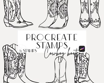 Botas de Cowboy, Pincéis para Carimbo Procreate, Line Art (Download Digital)