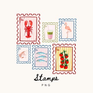 May include: A set of illustrated postage stamps depicting a red lobster, a pink flamingo, a shrimp, fish, a green drink, and tomatoes. The word "Stamps" is written in cursive below the stamps.