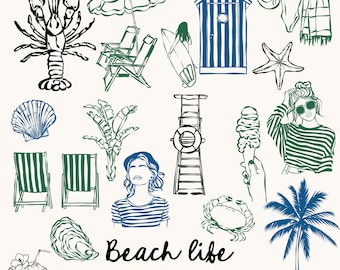 Hand-Drawn Beach Life Clipart Set, PNG SVG (Digital Download)