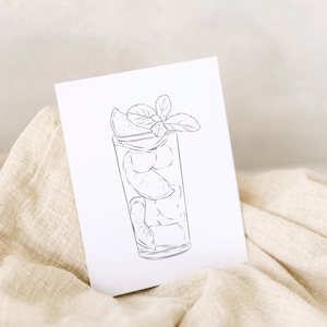 May include: A black and white line drawing of a glass of iced beverage with lime slices and mint leaves.