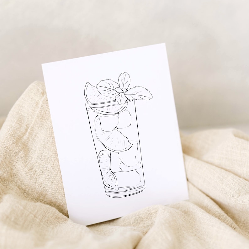 May include: A black and white line drawing of a glass of iced beverage with lime slices and mint leaves.