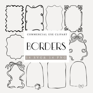 Op de afbeelding: Een set van 14 zwart-witte randontwerpen. De randen zijn in verschillende stijlen, waaronder eenvoudig, sierlijk en grillig. De tekst "COMMERCIAL USE CLIPART BORDERS 14 SVG & 14 PNG" is opgenomen in de afbeelding.