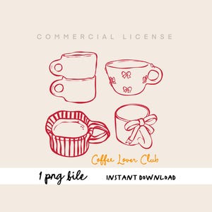 Peut inclure: Illustration au trait rouge de quatre tasses et mugs à café. Une tasse a des nœuds, une autre a un design rayé et la dernière a un nœud. Les mots "Coffee Lover Club" sont dans l'image.