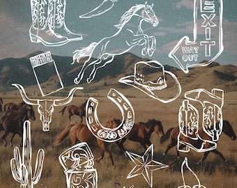 May include: An illustration featuring white line drawings of cowboy boots, a horse, a cowboy hat, a horseshoe with "Good Luck" text, a cactus, a star, and other Western-themed elements. The background shows a landscape with horses.