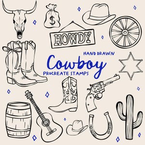 Cowboy Western Procreate Stempel Pinsel, Line Art, Stempel für Einladungen, Linienzeichnung, Palmtree Procreate, Bäume Stempel, kommerzielle Lizenz
