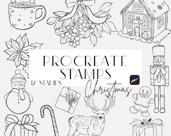 Procreate Christmas Stamps, Christmas Stamps, Xmas Line Stamps, Holiday Images, Line Art, Commercial License, Procreate Brushes
