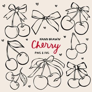 Può includere: Un set di illustrazioni di ciliegie disegnate a mano con fiocchi. Le ciliegie sono in varie posizioni, alcune con steli e foglie, altre con fiocchi. Il testo "HAND DRAWN Cherry PNG & SVG" è incluso nell'immagine.