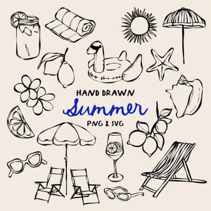 Conjunto de imágenes prediseñadas de ilustración de verano dibujada a mano, verano Png / svg, PNG transparente, imágenes prediseñadas PNG, 300 dpi, PNG de verano caprichoso, imágenes prediseñadas caprichosas