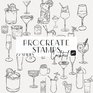 Procreate francobolli cocktail, francobolli cocktail, cartello di drink firma, immagini di drink di nozze, linea artistica, licenza commerciale, pennelli Procreate