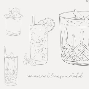 May include: Line art illustration of three different cocktail glasses. The glasses are all empty and have a simple design. The illustration is in black and white and has a minimalist style.