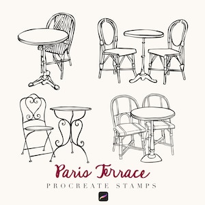 May include: Black and white line art illustrations of Parisian cafe tables and chairs. The image includes four different sets of tables and chairs, with various designs. The text "Paris Terrace Procreate Stamps" is also included.