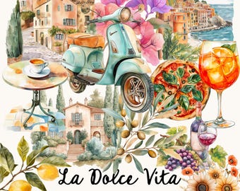 La Dolce Vita Clipart, Watercolor Italy Scenery (Digital Sticker)