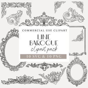 Op de afbeelding: Een set van 10 zwart-witte lijnkunst-clipart-afbeeldingen in barokstijl. De afbeeldingen omvatten frames, hoeken en decoratieve elementen. De tekst "COMMERCIAL USE CLIPART LINE BAROQUE clipart pack 10 SVG & 10 PNG" is opgenomen in de afbeelding.