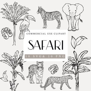 Safari PNG / SVG Ilustraciones, Safari PNG, Invitaciones a la Selva Svg, Imágenes de Animales, Imágenes Prediseñadas de Arte de Línea, Licencia Comercial, Línea Safari, Svg