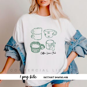 Peut inclure: Un t-shirt blanc avec un graphique vert de quatre tasses à café et le texte "Coffee Lover Club".