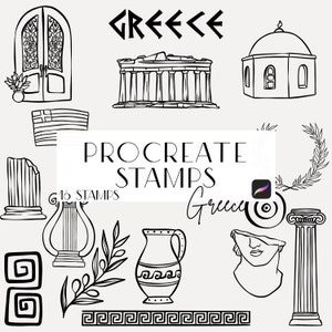 Pinceles para sellos de Procreate de Grecia, Arte lineal, Sello para invitaciones, Dibujo lineal, Creador de carteles de Grecia, Sello de Grecia, Licencia comercial