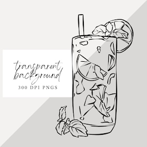 May include: Black and white line drawing of a tall glass with a straw, filled with ice, lime wedges, and mint leaves. The glass is topped with a lime wedge and a sprig of mint.