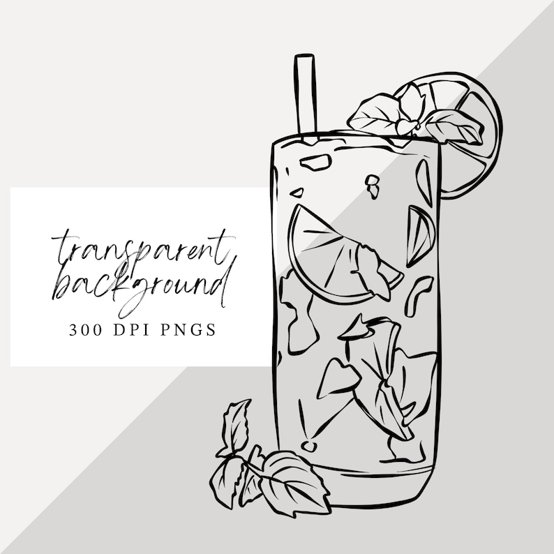 May include: Black and white line drawing of a tall glass with a straw, filled with ice, lime wedges, and mint leaves. The glass is topped with a lime wedge and a sprig of mint.