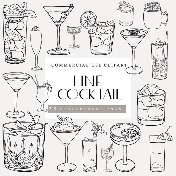 Clipart cocktail, PNG cocktails, enseigne de boisson signature, images de boisson de mariage, dessin au trait, licence commerciale, ligne de boissons, clipart mariage