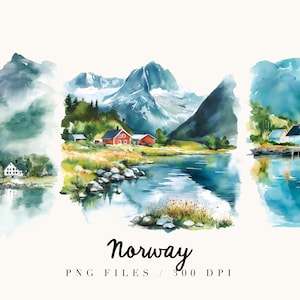 Paesaggio norvegese ad acquerello, paesaggio ad acquerello, illustrazione del paesaggio, clipart ad acquerello, invito, adesivo digitale, Norvegia PNG