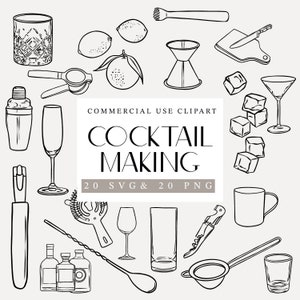 Illustrazioni per la preparazione di cocktail SVG / PNG, PNG per la preparazione di cocktail, Immagini di drink di nozze, Clipart Line Art, Licenza commerciale, Bevande di linea