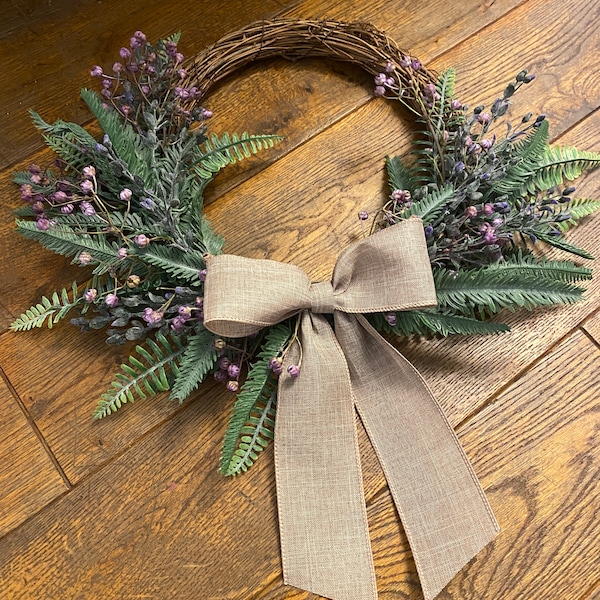 Spring  wreath, purple wreath, rustic wreath, wreath with ribbon