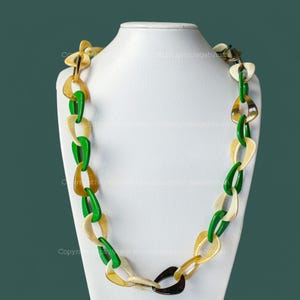 Natural Genuine Buffalo Horn Green Lacquer Necklace, Lacquer Pendant, Chain Link Necklace, Chunky Necklace, Boho Necklace, Gift for her N16