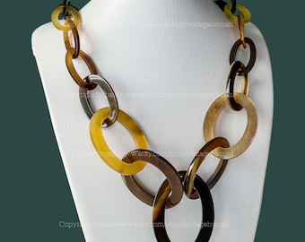 Natural Buffalo Horn Necklace, Tribal Jewelry, Horn Necklace, Horn Jewelry, Chunky Necklace, Boho Necklace, Ethnic Chain Link Necklace N3