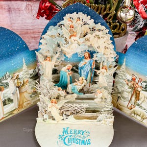 Tarjeta de felicitación emergente en 3D con escena de la Natividad, copos de nieve, tarjeta navideña, tarjeta festiva, tarjeta de agradecimiento de cumpleaños, tarjeta emergente sorpresa, tarjeta de Jesucristo