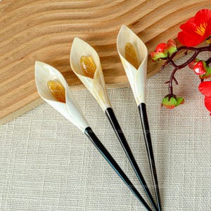 Könnte beinhalten: Drei schwarze und weiße Haarnadeln mit Blumenmuster. Die Nadeln sind aus einem natürlichen Material gefertigt und haben eine polierte Oberfläche.
