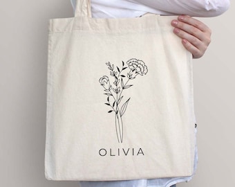 Custom Birth Flower Tote Bag, Flower Name Bag, Personalized Birthday, Mom Birthday, Gift for Friend, Birth Month Gift, Sister Gift