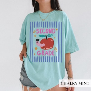 Pu&ograve; includere: T-shirt azzurra con una grafica raffigurante una mela, un verme con un cappello di laurea e le parole "SECOND GRADE" e "MRS. WILLIAMS". La maglietta ha un girocollo e maniche corte.