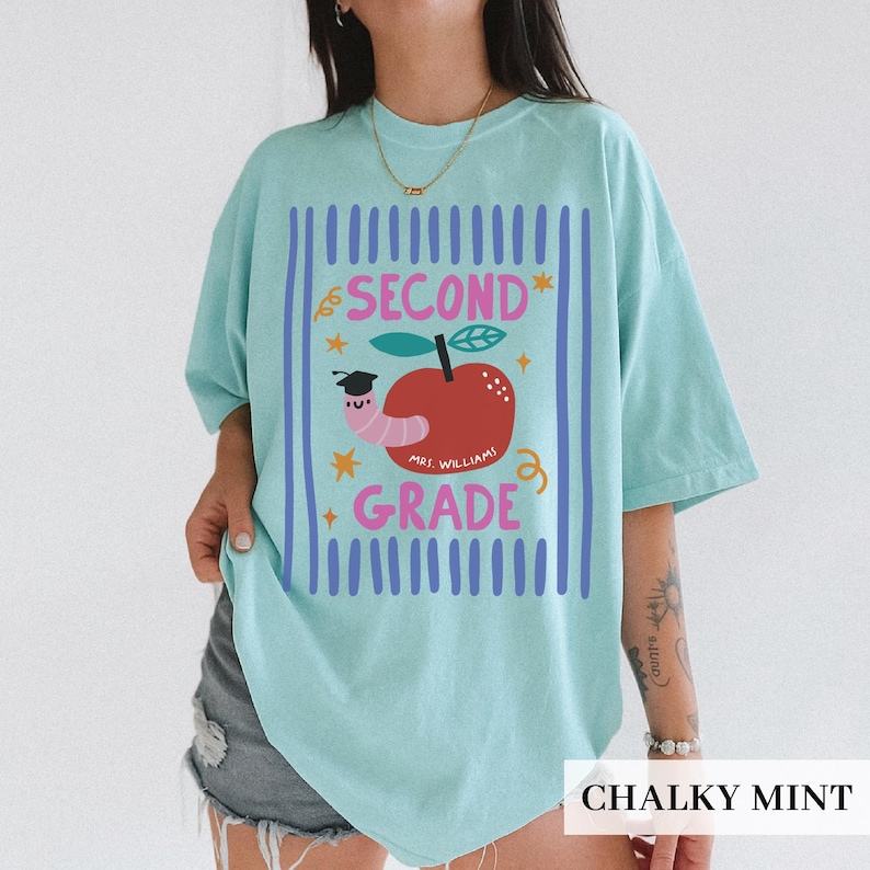Pu&ograve; includere: T-shirt azzurra con una grafica raffigurante una mela, un verme con un cappello di laurea e le parole "SECOND GRADE" e "MRS. WILLIAMS". La maglietta ha un girocollo e maniche corte.