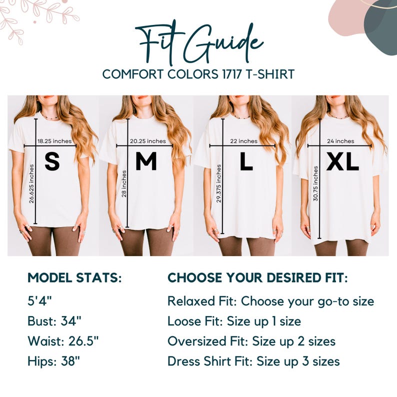 Pu&ograve; includere: Una guida alle taglie per una T-shirt Comfort Colors 1717, che mostra le misure in pollici per le taglie S, M, L e XL. La guida include le statistiche del modello e consigli di vestibilit&agrave;.