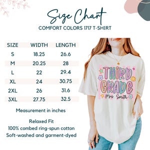 May include: A cream-colored short-sleeve t-shirt with a graphic print that reads Third Grade Mrs. Smith in colorful bubble letters, surrounded by stars and flowers. A size chart displays width and length measurements in inches for sizes S to 3XL.