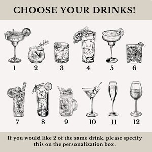 May include: A black and white illustration of 12 different drink options, numbered 1 through 12. The text "CHOOSE YOUR DRINKS!" is at the top of the image. The text "If you would like 2 of the same drink, please specify this on the personalisation box." is at the bottom of the image.