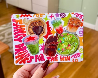 Fancy Getränke Postkarte A6 Format • Kaffee Matcha Illustration • Bunte Postkarte • Glänzende Oberfläche • Runde Ecken
