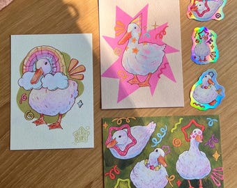 Enten Postkarten & Sticker Set • 3 A6 Postkarten • 3 Holographische Sticker 5 cm • Bunte Enten Illustrationen • Geschenk Set
